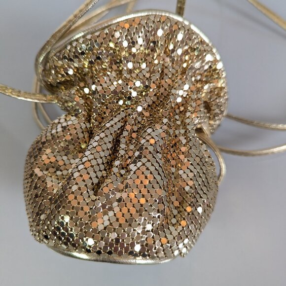 Whiting And Davis Vintage Gold Mesh Mini Drawstring Bucket Bag Disco Metallic - Picture 5 of 7